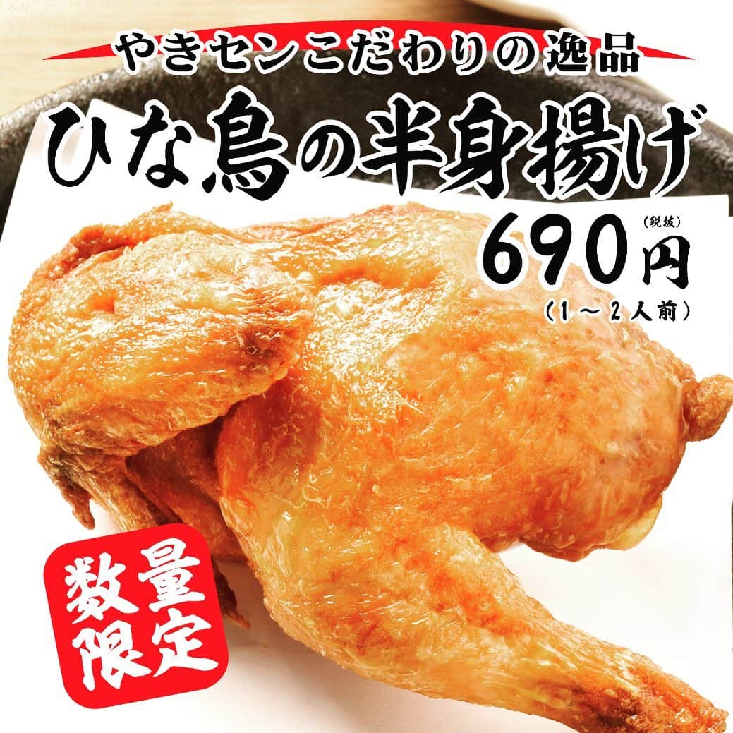 のインスタグラム：「新名物！「ひな鳥の半身揚げ」  時間をかけて一つ一つ丁寧に揚げた、やきセンこだわりの逸品！  690円（税抜）数量限定で大好評販売中✨ ※関東の店舗のみ  #やきとりセンター #やきせん #新メニュー #やきとり #焼鳥 #焼き鳥 #ひな鳥 #半身揚げ #大好評販売中  #鶏 #居酒屋 #yakitori #yakitoricenter #japanesefood」