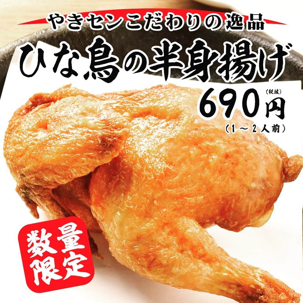 やきとりセンターのインスタグラム：「新名物！「ひな鳥の半身揚げ」  時間をかけて一つ一つ丁寧に揚げた、やきセンこだわりの逸品！  690円（税抜）数量限定で大好評販売中✨ ※関東の店舗のみ  #やきとりセンター #やきせん #新メニュー #やきとり #焼鳥 #焼き鳥 #ひな鳥 #半身揚げ #大好評販売中  #鶏 #居酒屋 #yakitori #yakitoricenter #japanesefood」