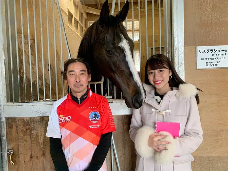 國嶋絢香のインスタグラム：「久しぶりの投稿✔️ 最近は、ストーリーばかりになっていました😶💭 . 今週は、#有馬記念 🏇✨ G1馬11頭が出走する豪華すぎるメンバーで行われます💗 . そんな中から、G1 3勝 今回がラストランとなる #リスグラシュー に会ってきました♪ . 初めて取材させて頂いた時から、担当の北口さんとリスグラシューのコンビが大好きで、久しぶりにお会い出来て嬉しすぎたのと、あぁ…トレセンでこの2人の戯れあう姿を見るのも最後かと思うとインタビュー中にも関わらず自然とうるうるしてしまいました🥺🥺 . 写真2枚目、仲良し具合が凄く伝わるお写真。 いつもぴっとりくっついてるんです🥺 たまらん🥺💗💗 . 今週の #トレセンまるごと情報局 有馬記念の出走馬全頭取材しています🎤✨ ぜひ、馬券の参考にしてくださいね😉🎶 . ❤️❤️❤️」
