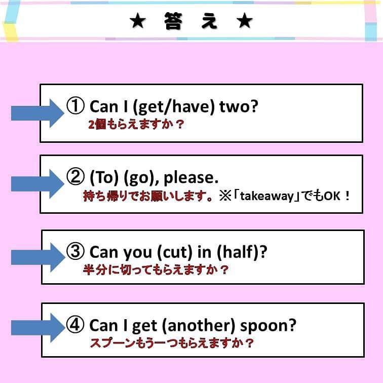 超絶シンプル英会話♪さんのインスタグラム写真 - (超絶シンプル英会話♪Instagram)「- - 今日はカフェやファストフード店などの注文で使える、 英語フレーズを紹介します♪- まずは2枚目の問題を解いてみましょう！ - 注文の時に一番使えるのが、 「Can I get～？」「Can I have～？」の表現です。 どちらも同じ意味で使えます♪ 「Can I～？」のほかに「Could I～？」や「May I～？」という表現もあります。 どれを使っても問題ないのですが、初心者でも言いやすく伝わりやすいのは「Can I～？」なので、 英語に慣れていない方や発音に自信のない方は、「Can I～？」を使うのをオススメします！ - また、2問目で紹介している「持ち帰り」の英語は、 ヨーロッパ圏では「take away」 アメリカ圏では「to go」というように、 地域によって使い分けされています。 使う場所によって使い分け出来るようにしておきましょう♪ - また、4問目の「another」も、飲食店でよく使う単語です。 「もう一つ」と言いたいときは、この「another」を使うのが定番です。 「Another 〇〇, please.」で「〇○をもう一つお願いします」という シンプルなフレーズで言うこともできます♪ - 4枚目にはその他簡単で言いやすい、使えるフレーズを紹介しています。 特に英語の発音が苦手な人や、英会話初心者の人は 長い複雑なフレーズを言っても、相手に伝わらない事があると思います。 多少文法を間違っていても、カタコト英語でもOK！ とにかく「相手に伝わるシンプルな英語」を意識して話してみて下さいね♪ - - ======================== ★オンラインスクール★ 『身につく英会話スクール』 絶賛開校中！ ======================== - 英会話を「身につける」ことを目的とした、オンラインスクールを開校しました！ 英語が苦手な方、超初心者の方でも、基礎から実用的な英語を学べるスクールです♪ 詳細はプロフィールページ @english.eikaiwa のリンクをご覧ください＾＾ - ======================== 書籍 『365日 短い英語日記』 『1回で伝わる 短い英語』 ======================== - 絶賛発売中！ 音声ダウンロード付き♪ - 全国の書店＆Amazonでお買い求めいただけます♪ 日常で使えるフレーズがたくさん！ 海外旅行、留学、訪日外国人との会話にぜひ＾＾ - - #英語#英会話#超絶シンプル英会話#留学#海外旅行#海外留学#勉強#学生#英語の勉強#mami#オンライン英会話#英語話せるようになりたい#英会話スクール#英語教室#英語勉強#子育て英語#身につくオンライン英会話#オンライン英会話#studyenglish#365日短い英語日記#1回で伝わる短い英語#instastudy#書籍化」12月18日 20時15分 - english.eikaiwa