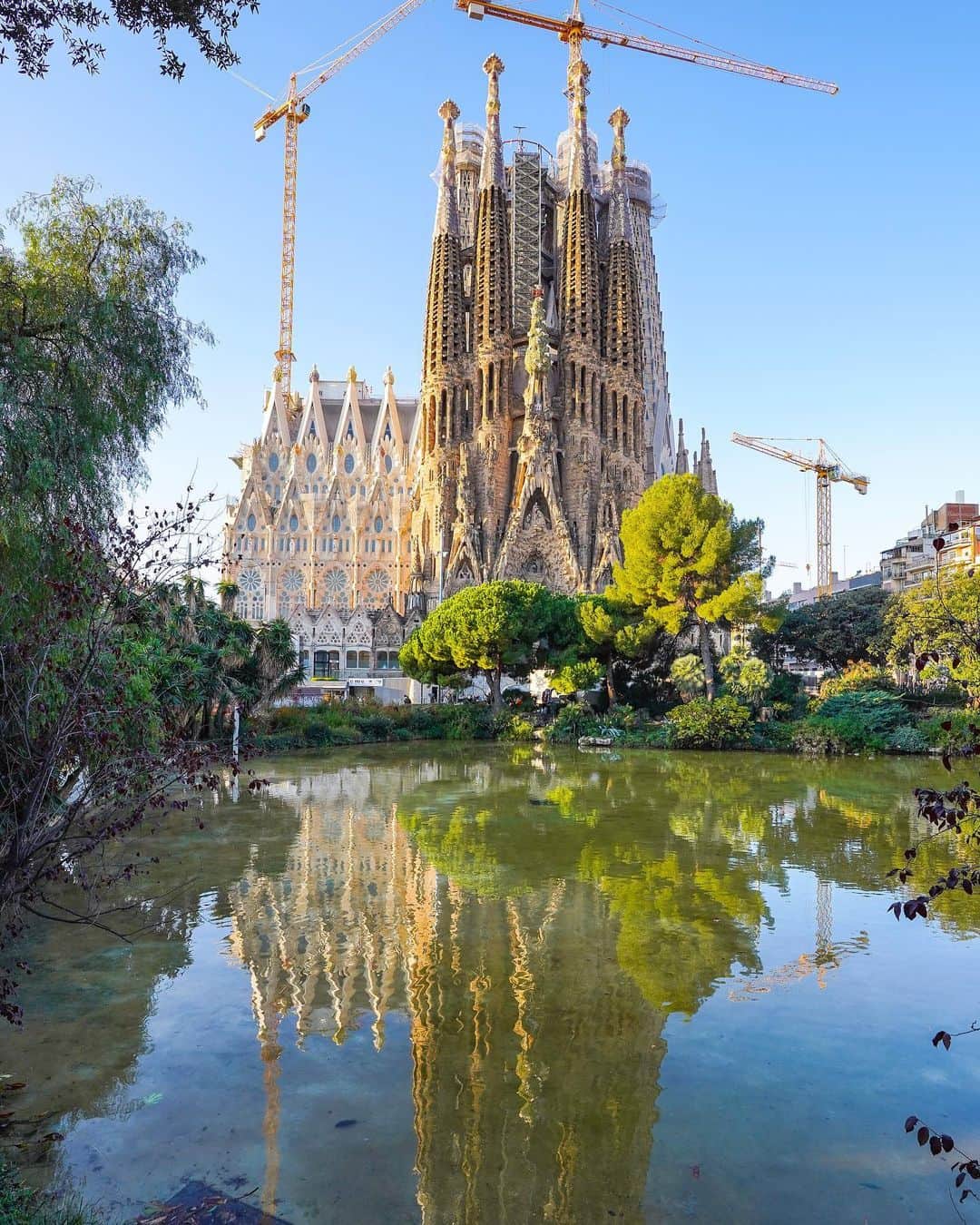 田島知華のインスタグラム：「【Spain🇪🇸Barcelona】Sagrada Familia in the morning, Sagrada Familia at night. 朝のサグラダファミリア、夜のサグラダファミリア。  違いを楽しむために同じ位置で撮影📷  7年ぶりのバルセロナは建築とバルを楽しむ旅。 一番最初に来たのはもちろんここ。 風が強かったらと心配していたけど、ガウディ広場の池に反射するサグラダファミリアも撮影できました。  朝と夜でクレーンの向きが違うのを見ると「ああ、本当に今、現在進行形で作られているんだな」と改めて感じます。 周辺には工事の音が響いているけど、これもあと数年で聞けなくなるかと思うと寂しいような。。 Copyright ©︎ TAJIHARU  Sony α7Ⅲ FE 16-35mm F2.8 GM SEL1635GM iPhone 11 Pro _ #たじはるトリップ #TAJIHARU_spain #スペイン #バルセロナ #ヨーロッパ #サグラダファミリア #旅ガール #女子旅 #カメラ女子 #spain #barcelona #sagradafamilia #sagradafamília #igerseurope #igersspain #igersbarcelona #beautifuldestinations #topspainphoto #topeuropephoto #discoverglobe #discoverearth #discover_earthpix #wonderful_places #visitspain #wonderfuldestinations」