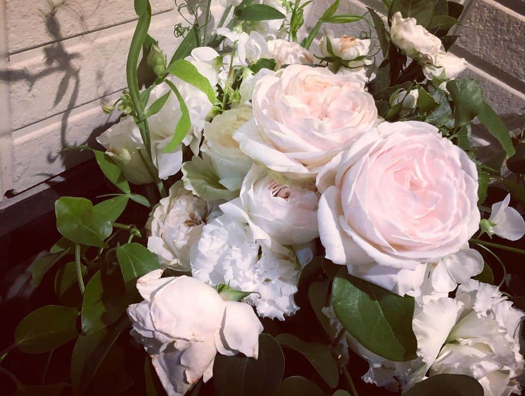 加藤響子さんのインスタグラム写真 - (加藤響子Instagram)「我が家の玄関💐 こんな華やかな色合いになっております🙆‍♀️ 寒い中でもパッと明るい気持ちにしてくれます。 ３つのブーケが重なっているのですが、中でもお気に入りは白とうっすらピンクの入ったブーケ💕 ずーーっと咲いていてほしいなぁぁぁ #bouquet #rananculus #rose #ウーツェ」12月18日 21時06分 - katokyooooooooo