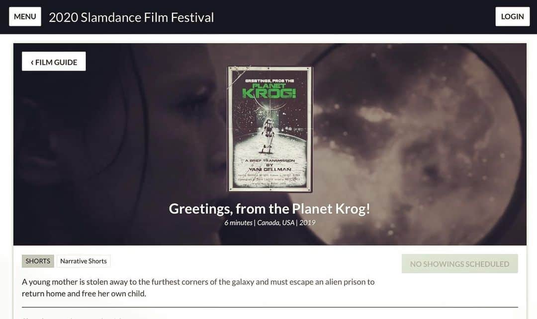 ヤニ・ゲルマンのインスタグラム：「So excited to announce “Greetings, from the Planet Krog!” is an official selection of the 2020 #Slamdance Film Festival !!! Love to the moon and back for @danalavoie @kendallbitesback @ohlookthatsneat @huliajunebrown & everyone who worked so tirelessly on this bonkers little film - we’re rocketing off to Park City, Utah in January 🚀 Hope to see you all there xo」