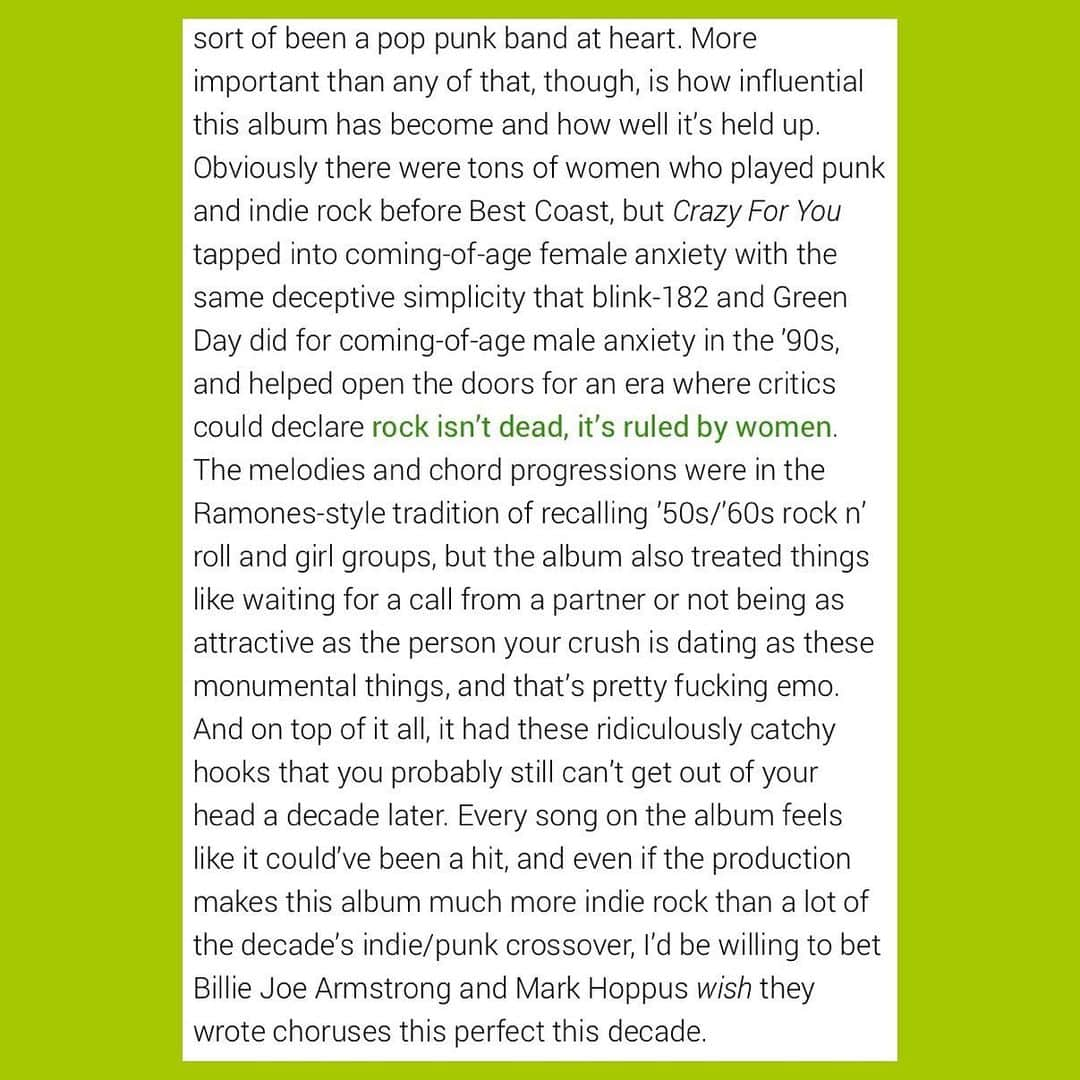 ベスト・コーストさんのインスタグラム写真 - (ベスト・コーストInstagram)「thanks @brooklynvegan for naming Crazy For You as number 25 on your list of best punk/emo albums of the decade. these words are really kind and mean a lot ❤️⁣ ⁣ the comment section of this blog used to rip me apart and did a hell of a number on my head at the time. it feels really nice to not care about that shit anymore - but i will always be a little emo pop punk softy at heart 🙇🏻‍♀️」12月19日 4時33分 - best_coast