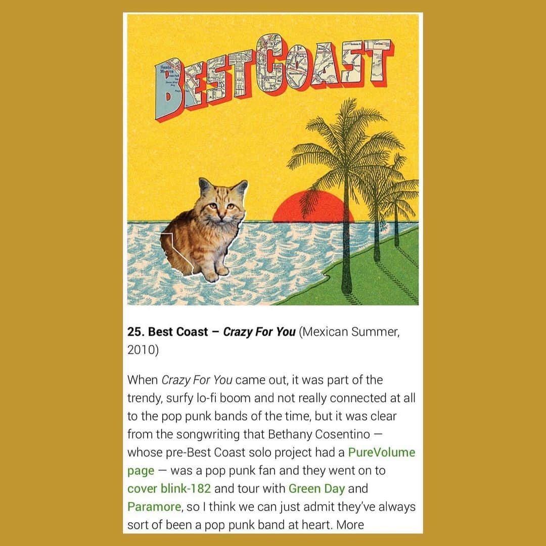 ベスト・コーストのインスタグラム：「thanks @brooklynvegan for naming Crazy For You as number 25 on your list of best punk/emo albums of the decade. these words are really kind and mean a lot ❤️⁣ ⁣ the comment section of this blog used to rip me apart and did a hell of a number on my head at the time. it feels really nice to not care about that shit anymore - but i will always be a little emo pop punk softy at heart 🙇🏻‍♀️」