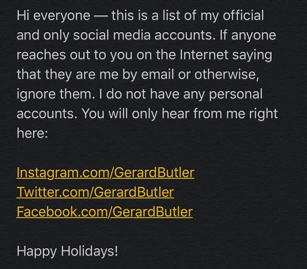 ジェラルド・バトラーのインスタグラム：「Important message from me. Stay safe out there!」