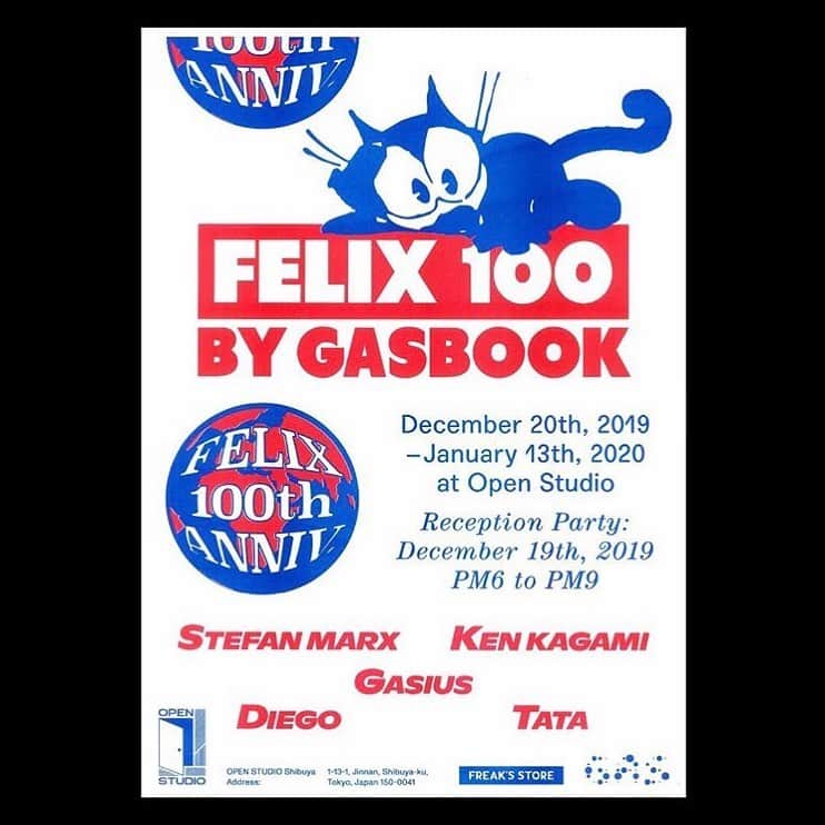 FREAK'S STORE渋谷さんのインスタグラム写真 - (FREAK'S STORE渋谷Instagram)「FELIX 100周年を記念したアーティスト絵柄開発企画「FELIX100 by GASBOOK」を開催！﻿ ﻿ フィリックス生誕100周年を記念して、1996年より刊行され、近年はYOSHIROTTEN、Midori Kawano、Jonathan Zawadaなどのタイトルをリリースするアート / デザインブック 「GASBOOK」。 ﻿ 書籍の出版だけでなく、国内外にクライアントを持つクリエイティブエージェンシーでもある彼らが、 フィリックス100周年を祝うべく、厳選したアーティスト達と作り上げるコラボ企画のエキシビジョンとポップアップを開催します。現代の新進気鋭のアーティストが書き起こす、ユニバーサルスタジオ公認のオフィシャルのフィリックスザキャットの世界観をお楽しみください。﻿ ﻿ また今回、渋谷スクランブル交差点を中心とした、街中ビジョンをジャック！100周年を記念した限定動画が12月12日、師走の喧騒の中渋谷の街をフィリックスがジャックするフィリックスウィークとなります。﻿ ﻿ 100周年記念のPOPUPショップに際しまして、12月19日に渋谷OPEN STUDIOにてレセプションパーティーを開催いたします。﻿ ﻿ FELIX100 by GASBOOK LAUNCH PARTY﻿ 開催日時：12月19 日(木) 18:00 ～21:00﻿ 開催店舗：OPEN STUDIO（FREAK'S STORE 渋谷店）﻿ ﻿ ﻿ 詳細はTOPページのURLのTopicsにて掲載しております。限定アイテムはTOPページのURLから「FELIX」と検索いただくとすべてご覧いただけます。 POP UP 2019.12/20〜2020.1/13﻿」12月19日 15時23分 - freaksstore_shibuya