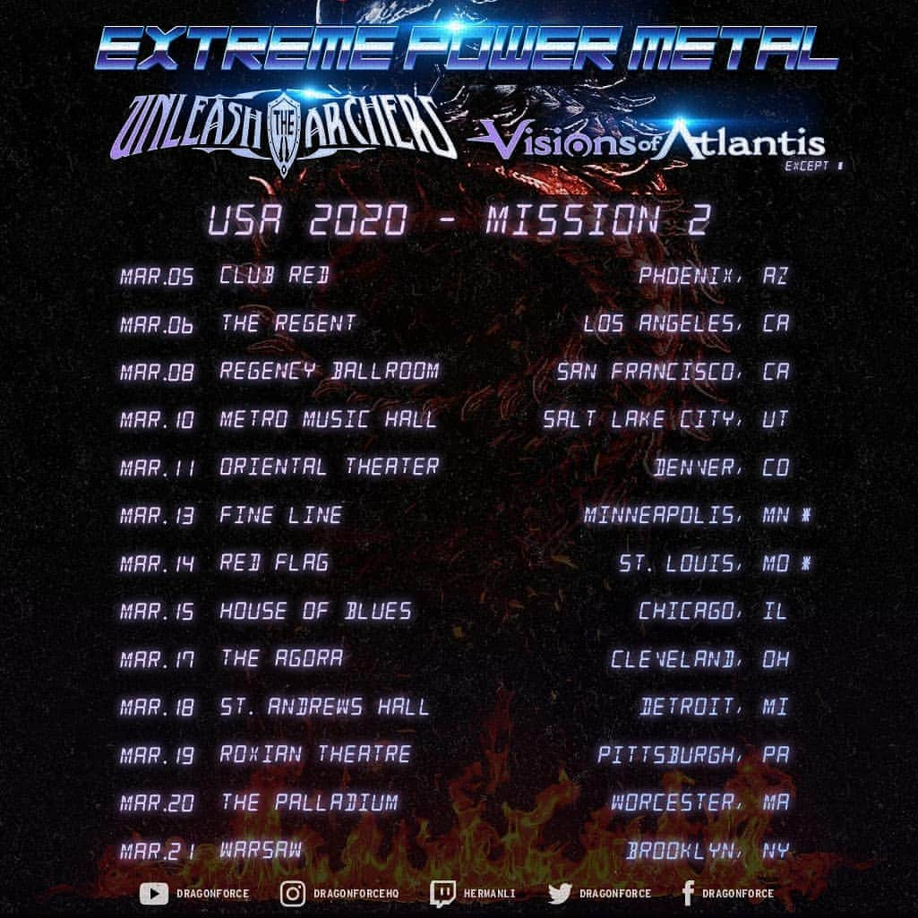 DragonForceさんのインスタグラム写真 - (DragonForceInstagram)「@DragonForceHQ USA 2020 tour dates with special guests @unleashthearchers @visionsofatlantis | On sale tomorrow. All presale tickets and VIP eligible to enter raffle for 1 @HermanLi custom guitar used on tour! More info: dragonforce.com/shows . . #dragonforce #tourdates #unleashthearchers #visionsofatlantis #heavymetal #powermetal #ExtremePowerMetal #retrogaming #symphonicmetal #hermanli #livestream #touring」12月20日 3時08分 - dragonforcehq