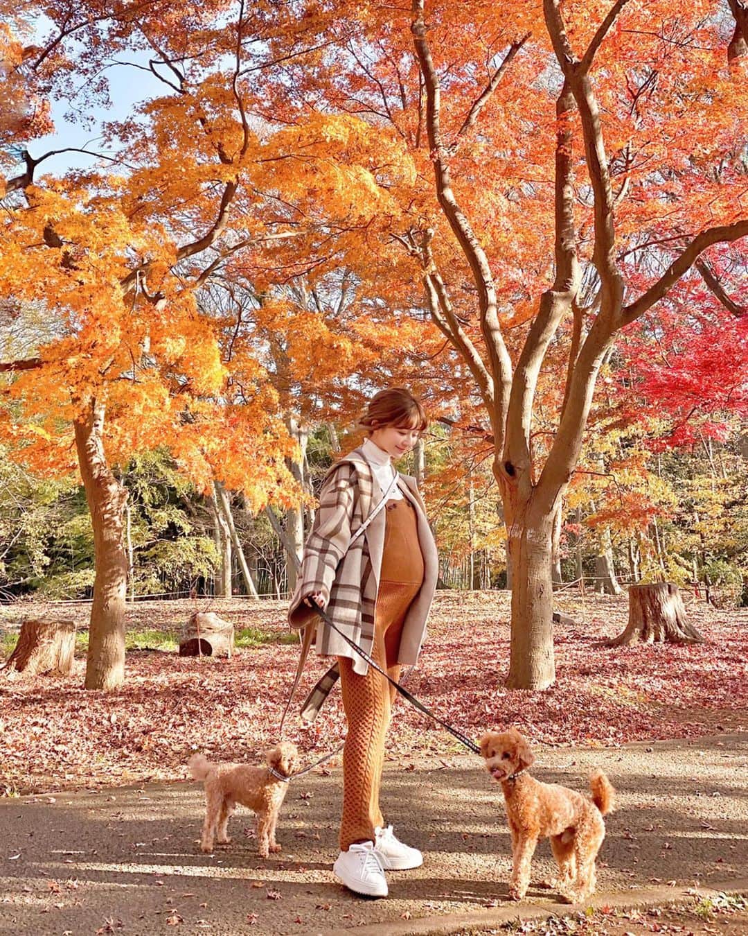 のインスタグラム：「・ 🍁🍁🍁🍁🍁🍁🍁 iPhone11の広角で撮ってくれてたから とても脚が長い人に見えてる❤️笑 ドラえもんのような🤰🏼 たれパンダのような🤰🏼 自分の体型に凹む日々なので 写真選びに苦労します🐷とほほ #coordinate  tops#chocoa @chocoa_official  overall#styleboatmarket @styleboatmarket  outer#maisonmarble @maison.marble  shoes#louisvuitton @louisvuitton  herlipto #sサイズコーデ  #153cmコーデ #おちびコーデ #おちびの輪 #妊婦コーデ #マタニティコーデ #妊娠9ヶ月 #マタニティライフ #ぷんにーらいふ」