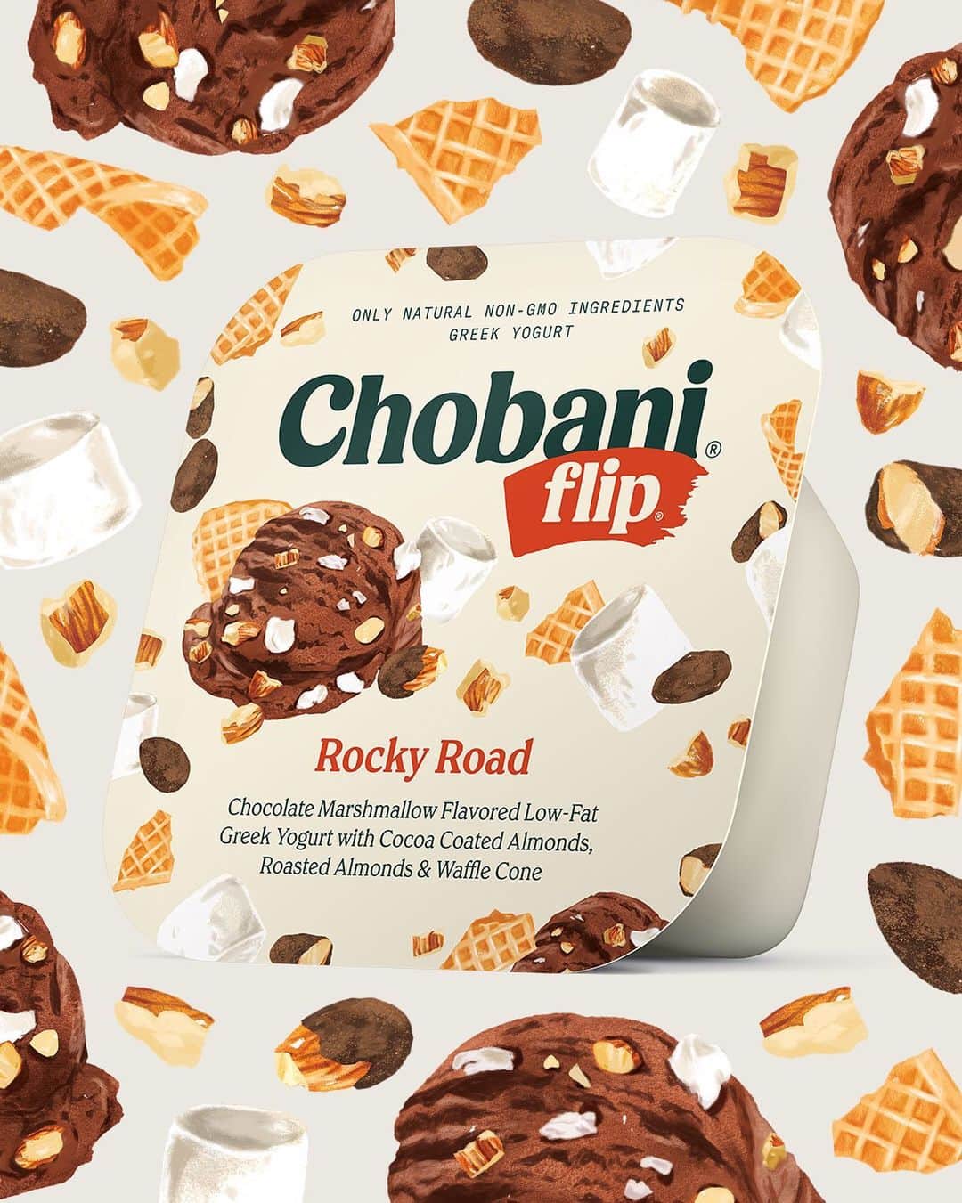 のインスタグラム：「Cup or cone? NEW Flip Rocky Road, is like a scoop of ice cream with chocolate marshmallow-flavored Greek Yogurt, and waffle cone pieces.」