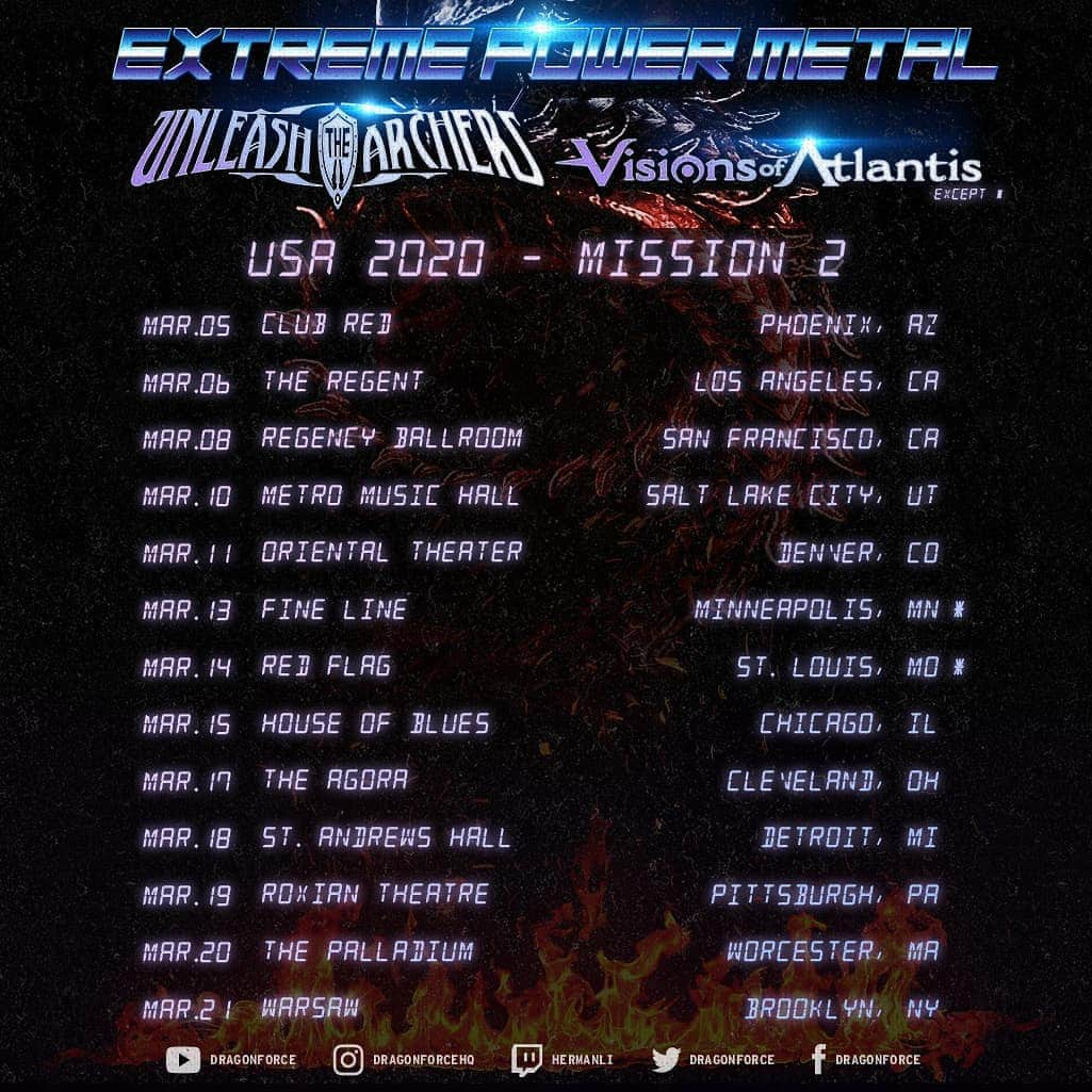 ハーマン・リさんのインスタグラム写真 - (ハーマン・リInstagram)「Excited to be back in the USA to play more shows! @dragonforcehq with special guests: @unleashthearchers @visionsofatlantis Get a presale ticket and you will be eligible to enter a raffle to win one of my custom guitars played on the tour! VIP gets 2 entries. 🤘😎🤘🎸🔥🎟️ . #dragonforce #hermanli #livestream #tourdates #touring #heavymetal #powermetal #extremepowermetal #unleashthearchers #visionsofatlantis #shredguitar #guitar」12月20日 4時56分 - hermanli