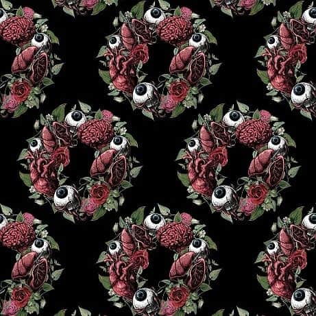 ドラッグハニーのインスタグラム：「Drug Honey  オリジナルテキスタイル 【臓器の花園リース総柄】  SSアイテムで進行中ですので、今しばらくお待ち下さいませ。  #drughoney #ドラッグハニー #textile #テキスタイル #illustration #イラスト #wreath #リース #rose #薔薇」