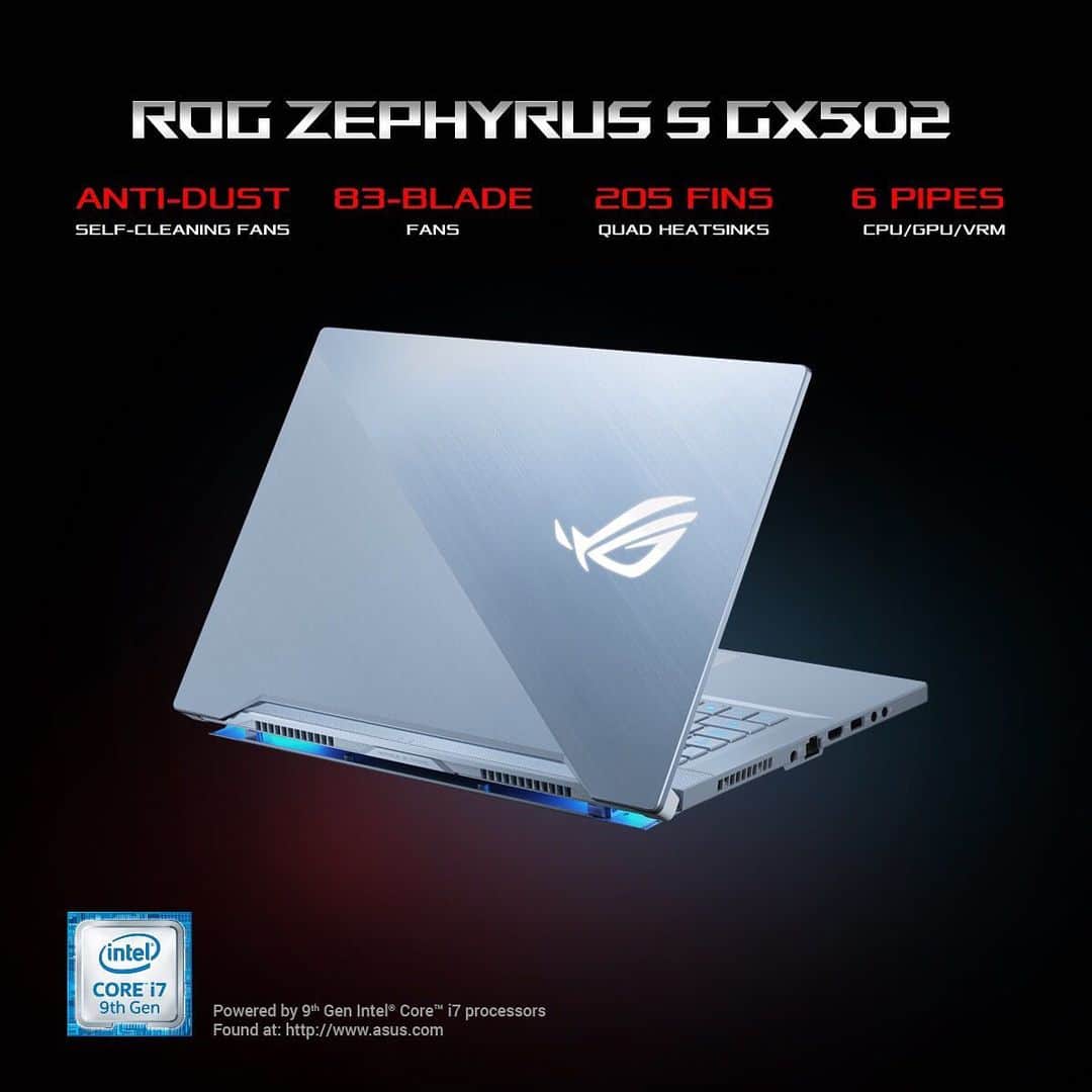 YingTzeさんのインスタグラム写真 - (YingTzeInstagram)「🌟 ROG Glacier Blue 🌟 It is love at first sight . ❤️ What do you think of this new color ? @asusrog.my  _  The almighty #ROG #ZephyrusS GX502 is now available in Glacier Blue finish!  Features:  Glacier Blue finish, Per-Key RGB keyboard, Active Aerodynamic System (AAS), Aura-Sync, GPU Switchable software, 18.9mm thin  Specs: Intel Core i7-9750H processor, RTX 2070, 15.6" Full HD PANTONE validated display, 240Hz 3ms GSYNC display, 16GB DDR4 2666Mhz, 512GB PCIe NVME SSD, Windows 10 Home, 2-year global warranty, RM8,899 Learn more: http://my.rog.gg/GX502 #Intel #GameOnIntel #poweredbycorei7 #ROGMYKOL」12月20日 18時57分 - yingtze