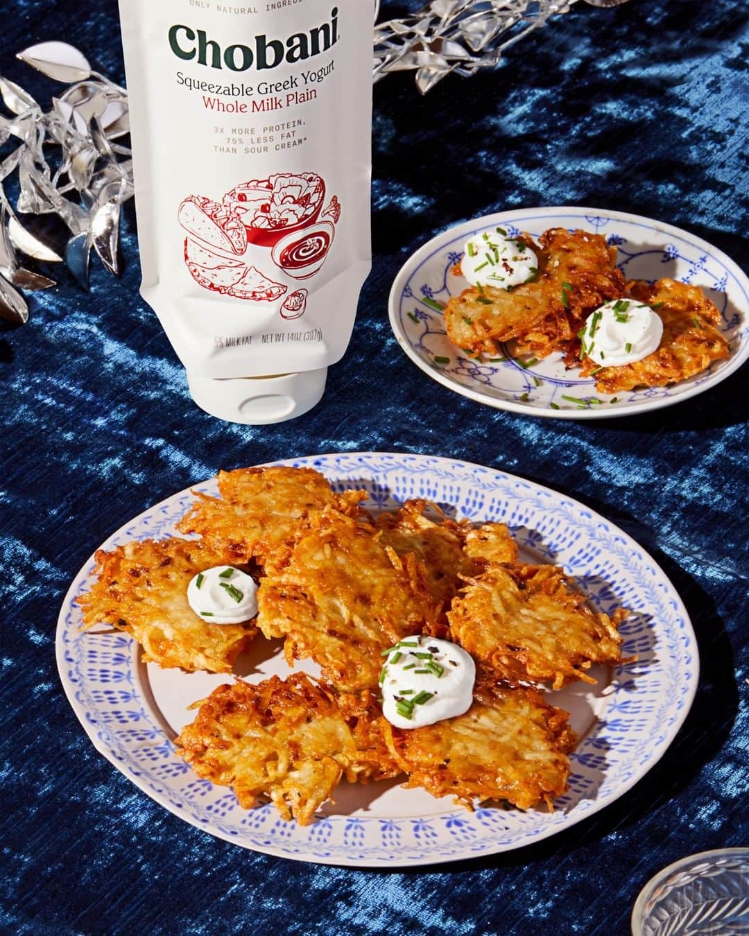 のインスタグラム：「Golden and light, we think you'll love these a latke. Our recipe in Stories has a Chobani Whole Milk Plain Squeezable Greek Yogurt twist. 📸@codyguilfoyle」
