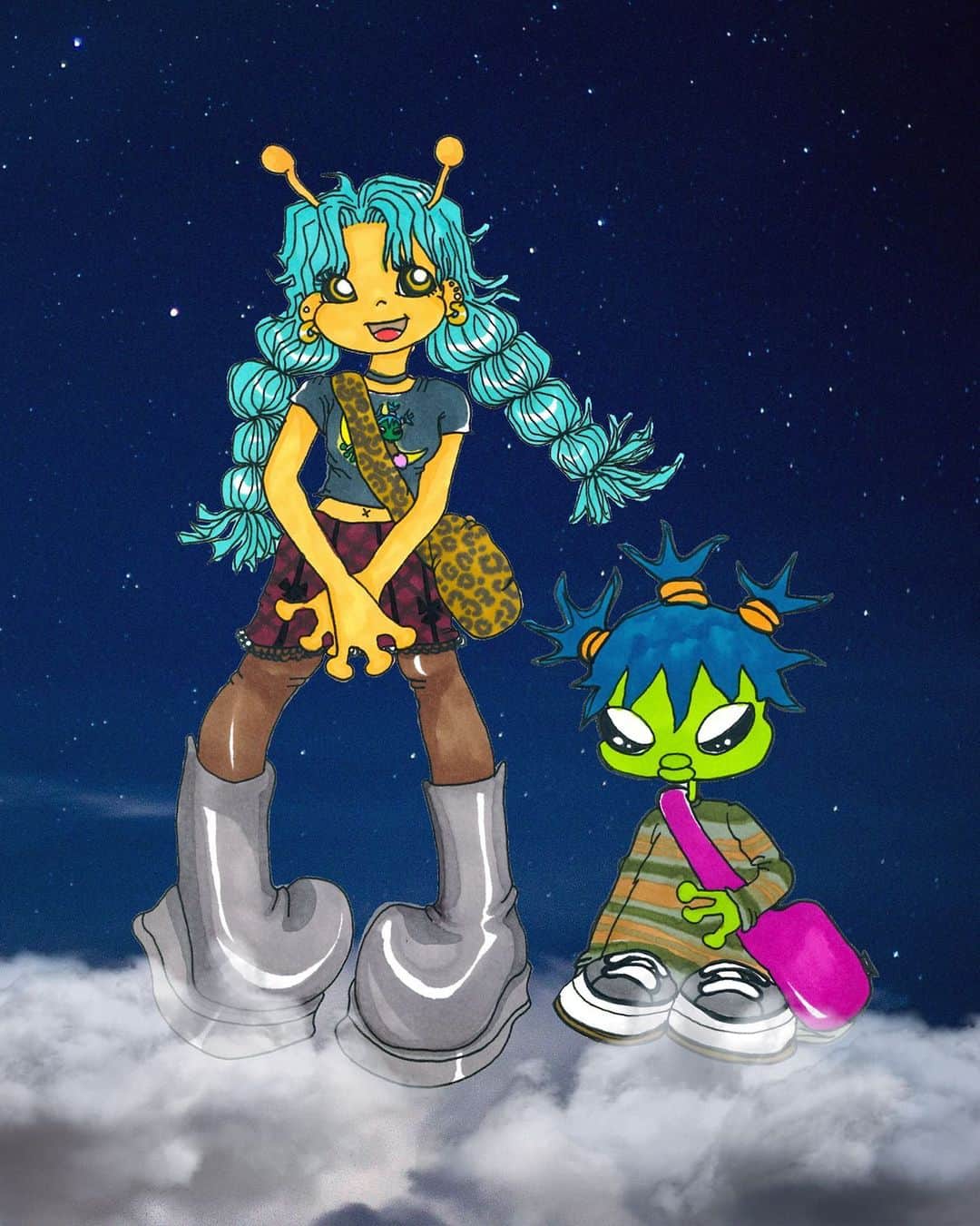 UNIFさんのインスタグラム写真 - (UNIFInstagram)「another @myokahara creation ☆⌒ヽ → Ⓜartian girl wearing Ԁream alien tee Ⓛittle alien wearing 🅁eplay sweater and ℙhoebe sneakers ((( restocked )))」12月21日 5時52分 - unif