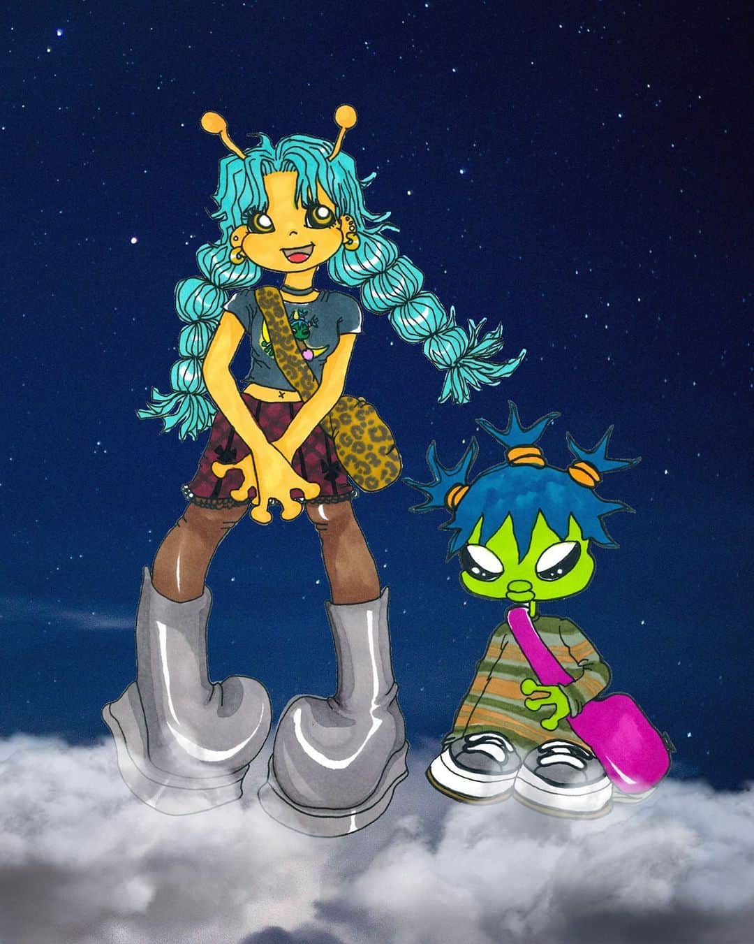 UNIFのインスタグラム：「another @myokahara creation ☆⌒ヽ → Ⓜartian girl wearing Ԁream alien tee Ⓛittle alien wearing 🅁eplay sweater and ℙhoebe sneakers ((( restocked )))」