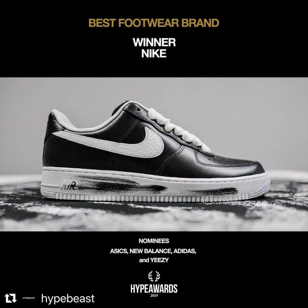 G-DRAGONのインスタグラム：「#Repost @hypebeast with @make_repost ・・・ #HYPEAWARDS: The award for Best Footwear Brand of 2019 goes to @nike. Congratulations! #Airforse1 #Paranoise —⁠ Head to the link in our bio for the full list of winners.」