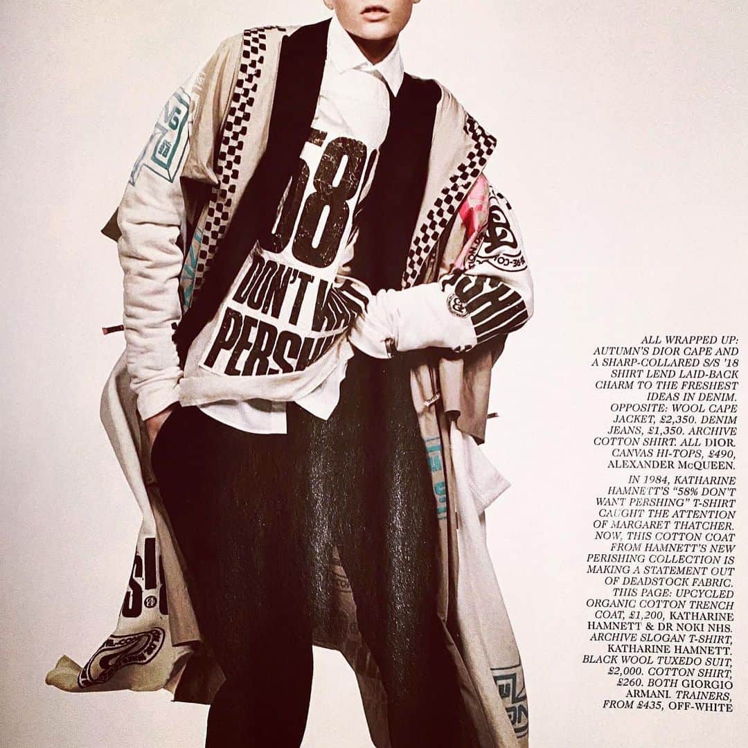 のインスタグラム：「Our @nokiofficial coat featured in vogue this month with Katharine’s iconic 58% DON’T WANT PERSHING T-shirt @voguemagazine #upcycling」