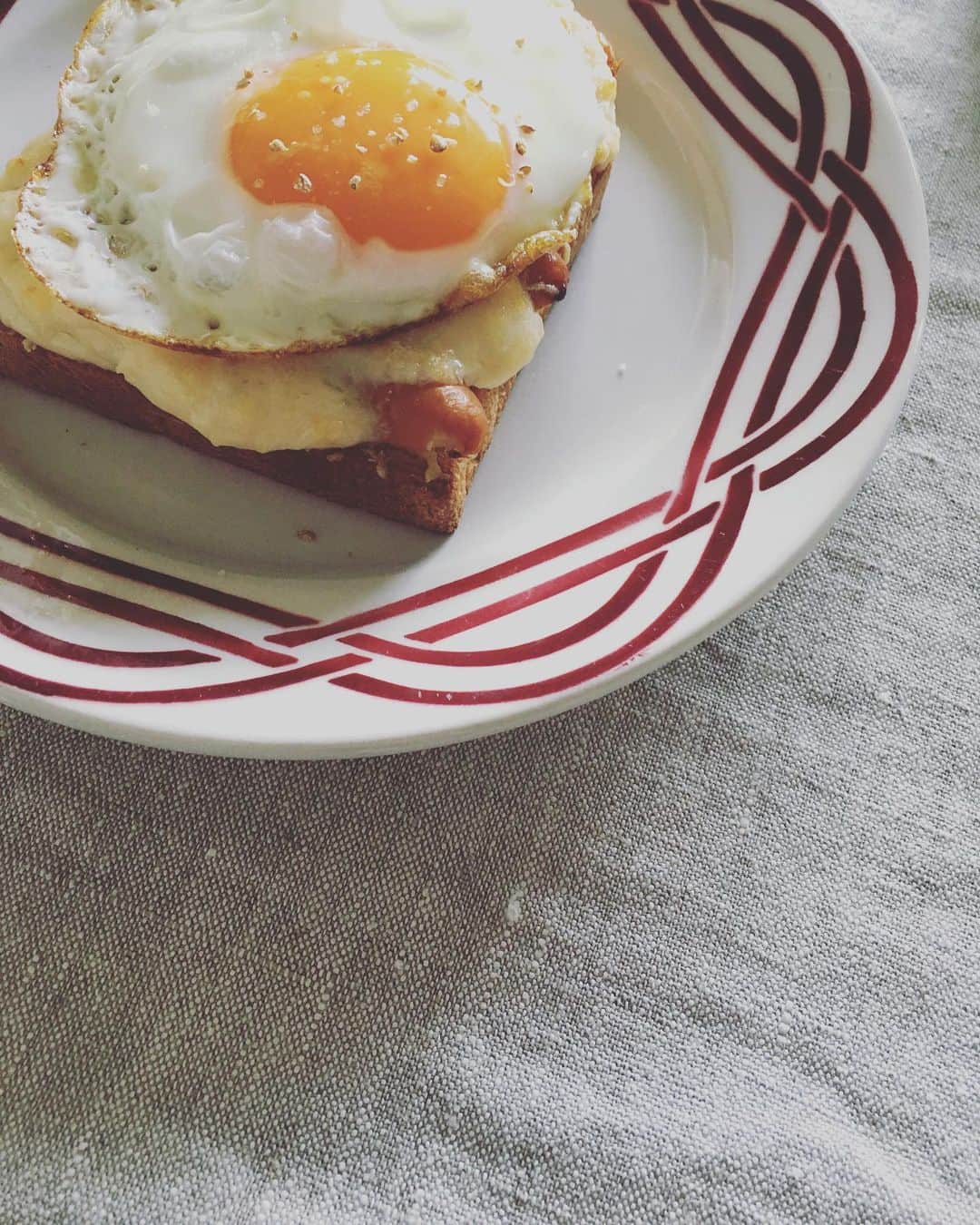 のインスタグラム：「ソーセージとベシャメルがあったらクロックマダムです。  本当は、薄い二枚のパンにハムを挟んで、ベシャメルとチーズをのせて焼くのが定番なんですけど、私はあるもので作っちゃう。シャルキュトリがないときは、なくてもぜんぜんかまわない。  うーん…自家製のベシャメルはやっぱり美味しい。  #猫沢飯」
