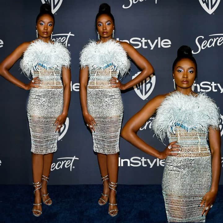 ジュリアンマクドナルドのインスタグラム：「Starring in the nominated Best Motion Picture ‘If Beale Street Could Talk’, break trough actress @kikilayne attended the 21st Annual @wbpictures and @instylemagazine Golden Globe Event, wearing a structured knit dress from the JULIEN X GABRIELA SS20 collection.  Styled by @waymanandmicah」