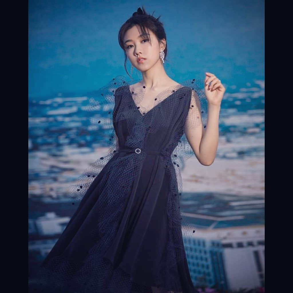 アレクシマビーユのインスタグラム：「Cherry Ngan @cherrysavor wearing @alexismabille scraf dress with polkadot veil ruffles available @netaporter #cherrysavor #chereyngnan #hongkongactress #alexismabille #netaporter #navyblue #scarfdress #veil #polkadot #ruffles #parisattitude #hongkongstar #actress #asianbeauty」