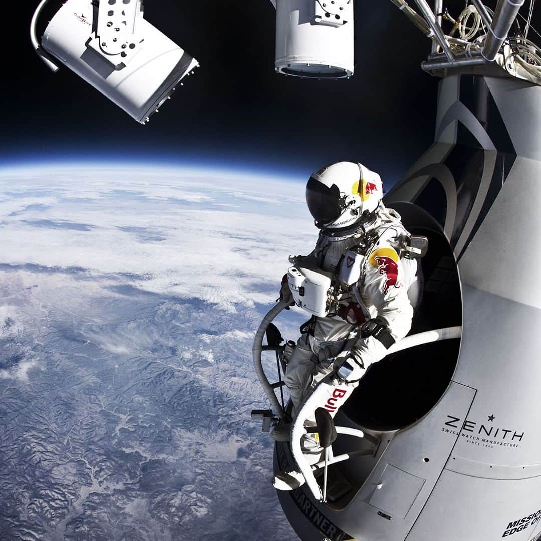 ゼニスのインスタグラム：「#BehindTheStar: Dream big, achieve bigger. Felix Baumgartner and his specially conceived El Primero Stratos that accompanied him on his stratospheric jump.  #Zenith #ZenithWatches #RedbullStratos #FelixBaumgartner #Jump #Earth」