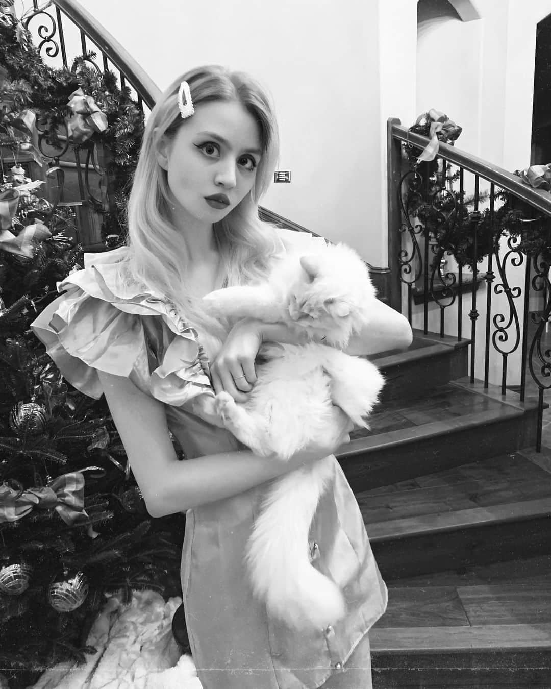 アリソン・ハーバードのインスタグラム：「Happy holidays from me and my mom’s cat 🐈🎄❤️ | @revolve」
