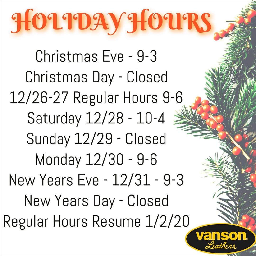 のインスタグラム：「Please check our work hours for the #holidays #merrychristmas #vansonleathers #thisistheseason #natal #leathers」