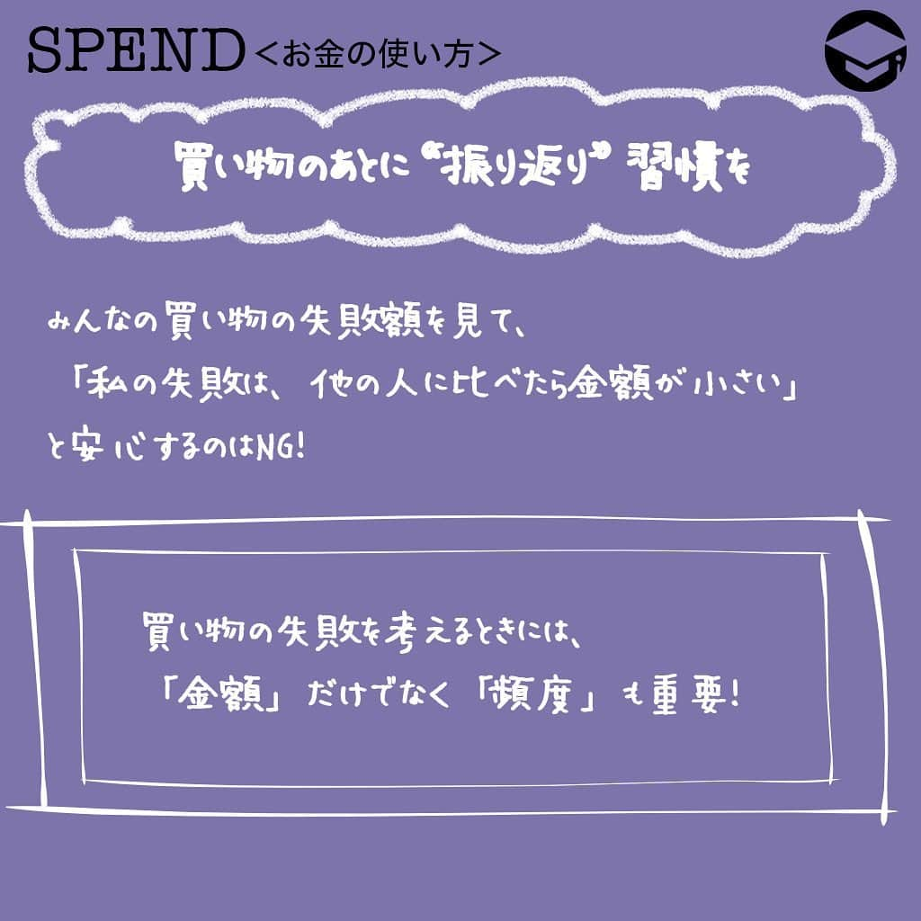 ファイナンシャルアカデミー(公式) さんのインスタグラム写真 - (ファイナンシャルアカデミー(公式) Instagram)「﻿ 30万円以上も！？アラサー女子に聞いた買い物での失敗金額﻿ ﻿ ＊＊＊＊＊＊＊＊＊＊＊＊＊＊＊＊＊＊＊＊＊＊＊﻿ ﻿ みんなの買い物での失敗額は？﻿ 買い物での失敗、と聞くと、皆さんはどんな経験が思い浮かびますか？﻿ ﻿ 「洋服を試着せずに買って、家に帰って着てみたら想像していたシルエットと違った」「このピアス、お買い得！と思って買ったら、2回使っただけで壊れてしまった」「かわいいと思って買ったバッグが、意外と容量が小さくて使わずじまい……」。みなさんも色々と思い当たるフシがあるのではないでしょうか……。﻿ ﻿ 25～34歳の女性428名を対象に、買い物で失敗したなと思った最大金額をアンケート調査したところ、最も多かったのは「1～3万円未満」で42.8％（183人）という結果に。続いて「1万円未満」が26.9％（115人）、「3～5万円未満」で14.5％（62人）となりました。﻿ ﻿ ＊＊＊＊＊＊＊＊＊＊＊＊＊＊＊＊＊＊＊＊＊＊＊﻿ ﻿ 買い物のあとに“振り返り”習慣を﻿ こうやってみんなの買い物の失敗額を見て、「私の失敗は、他の人に比べたら金額が小さいかも」と安心した人もいるかもしれません。でも実は、大切なのは金額だけではないのです。﻿ ﻿ 買い物の失敗を考えるときには、金額だけでなく「頻度」も重要。1回1回の金額が小さくても、しょっちゅう失敗して後悔している人と、滅多に失敗しない人とでは、最大金額が同じでも総額はまったく違いますよね。﻿ ﻿ ＊＊＊＊＊＊＊＊＊＊＊＊＊＊＊＊＊＊＊＊＊＊＊﻿ ﻿ 買い物上手になるための鍵は「レシート」﻿ ﻿ 買い物上手になるためには、細かく失敗しないための“振り返り”習慣が大切。そのために鍵を握っているアイテムが「レシート」です。﻿ ﻿ 買い物をしたら、家計簿をつける、つけないに関わらず、とにかくレシートをとっておきましょう。保管場所は引き出し、クリアファイル、空き箱の中などどこでもOK。﻿ ﻿ とにかく買い物をしたらレシートをまとめてとっておき、2週間～1ヵ月が経ったら、そのレシートを取り出し、賢い買い物だったら◯、まずまずの買い物だけれどもう少し安く買えたかも、失敗とはいえないけれど思ったほどよくなかったかも、という場合には△、失敗だった買い物には×を記入していきます。﻿ ﻿ こうすることで、自分がどのような失敗を犯しがちなのか、どうすれば失敗を減らせるのか、という傾向が見えてくるのです。﻿ ﻿ ＊＊＊＊＊＊＊＊＊＊＊＊＊＊＊＊＊＊＊＊＊＊＊﻿ ﻿ 大きな買い物での失敗も他人事ではない﻿ アンケート調査の結果によると、300,000円以上という大きな金額での失敗経験があるという人もちらほら。実は大きな買い物での失敗は決して他人事ではありません。﻿ ﻿ なぜなら、私たちの多くは、「買い物」だということを意識しないだけで、意外と大きな買い物をしているから。﻿ ﻿ ＊＊＊＊＊＊＊＊＊＊＊＊＊＊＊＊＊＊＊＊＊＊＊﻿ ﻿ マンション、旅行、保険などにも買い物の失敗が起きる﻿ 例えば、マンション選びを間違ってしまったら、それこそ数千万円単位の買い物の失敗ですよね。それから旅行や留学といった「経験」も、立派な買い物です。「このツアーにしたのは失敗だった」「留学先が自分と合っていなかった」なんていうのも、大きな金額での買い物の失敗といえます。﻿ ﻿ 保険もしかり。毎月の保険料は数千円でも、5年、10年と加入すれば、数十万円に。勢いで保険商品を選ぶことは、数十万円での買い物の失敗につながる可能性があります。﻿ ﻿ 普段の出費には細かく気を配っていても、こういった肝心の買い物で失敗してしまっては、それまでの努力が一気に吹き飛んでしまいかねません。普段の買い物も、大きな買い物も、どちらも気を抜かないのが買い物上手への道なのです。﻿ ﻿ #ファイナンシャルアカデミー #お金の教養  #手書きアカウント #情報収集 #買い物上手 #買い物好き #買い物したい #買い物失敗 #買い物依存症 #買い物依存 #買い物中毒 #買い物記録 #上手な買い物 #ショッピング好き #ショッピング大好き」12月24日 17時10分 - financial_academy