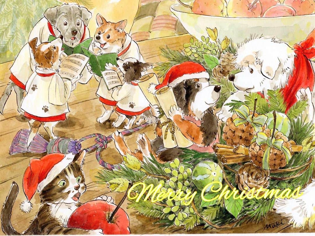 イラストレーター山崎牧子さんのインスタグラム写真 - (イラストレーター山崎牧子Instagram)「Merry Christmas🎄  今年のカレンダーのイラスト、妖精サイズの犬たちが賑やかにクリスマスを迎えています🎄 今年もカレンダーに、時々の絵にご覧くださってありがとうございました⭐️ 来年もぼちぼちペースですが、お付き合い頂けると幸いです。 2020 Calendar Yururi's little paintbrush たくさんのご注文をいただき ありがとうございました。 おかげさまで完売となりました。  Thank you for visiting my pages this year.  #merrychristmas#christmas#watercolor#watercolorpainting#cat#dog#illustration#artwork#水彩画#クリスマス#聖歌隊#犬#バーニーズマウンテンドッグ#グレートピレニーズ#イラスト#イラストレーター」12月24日 20時55分 - makiko.inatome