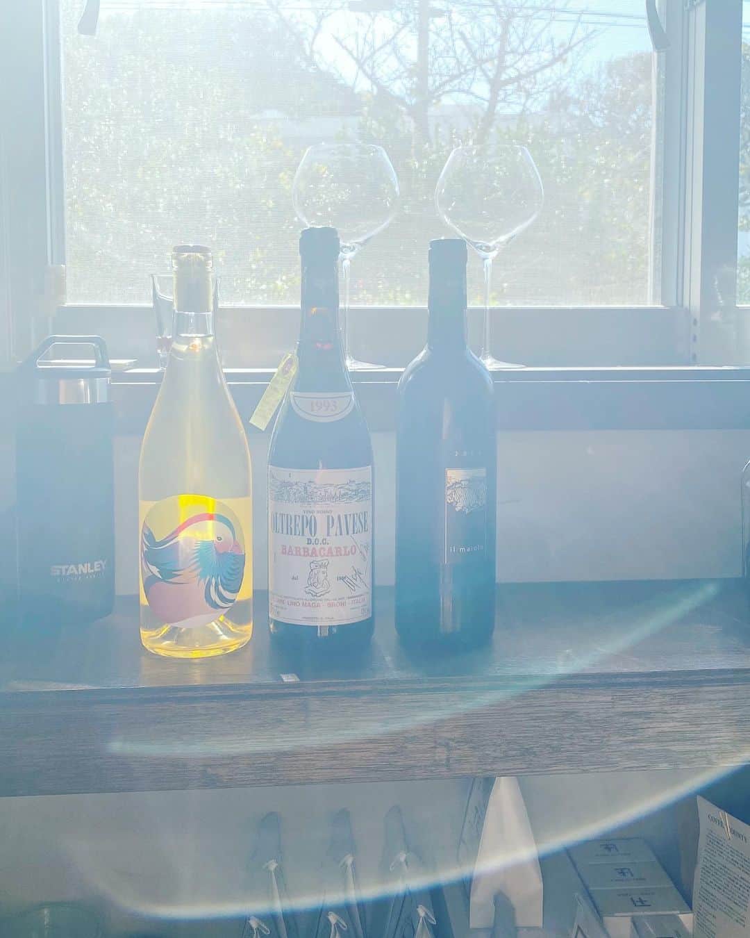 岡本静香さんのインスタグラム写真 - (岡本静香Instagram)「旅先での出会い、ふと導かれたお店。選ぶワインは（たまに飲む日、解禁してます）、ほぼヴァン・ナチュールになって来ました。  品揃えが豊富なお店に出会えた時の喜びったらもう。 LIQUIDはイタリアワインがベースで、少しだけ日本のもの、長年大切に保管されたものまで幅広く、何よりお店の方の説明に愛があった。結局いいなと思うのは、直感と、店員さんから伝わってくる愛情。家具でもお洋服でもなんでも。  気がいいな＝心地がいいな と思う場所で写真を撮ると 大体美しい光や虹が入る🌈  外の緑まで気持ち良くて、 沖縄来たなぁーって 体がゆるまった場所。」12月24日 21時52分 - shizucat