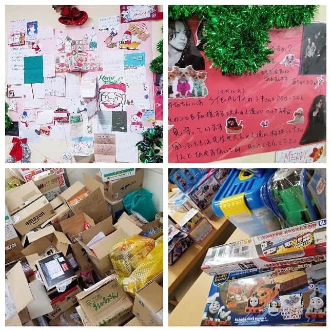 TOKIのインスタグラム：「子供達宛の沢山のお手紙&メッセージ(左上) 子供達からSTEALTHに向けて(右上) 皆さんからの沢山のお菓子のプレゼント(左下) 子供達へのX'masプレゼント(右下)  本当にありがとうございました。 メリークリスマスです。」