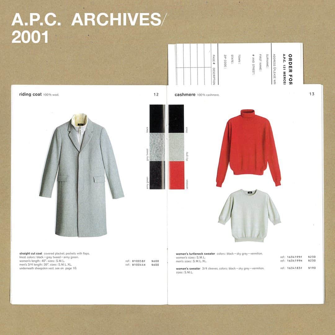 のインスタグラム：「A.P.C archives, 2001.  A.P.C. mail order catalogue from winter 2001 featuring the Riding coat in wool and the Cashmere sweaters.  #APC #APCarchives #APCcatalogue」