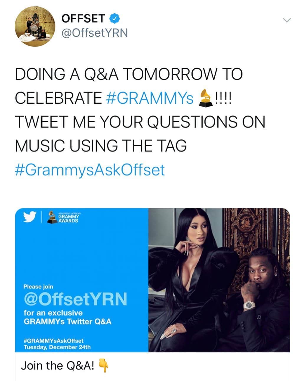 Migosさんのインスタグラム写真 - (MigosInstagram)「Head Over To Twitter for Fan Q&A with @offsetyrn #GrammysAskOffset」12月25日 2時12分 - migos