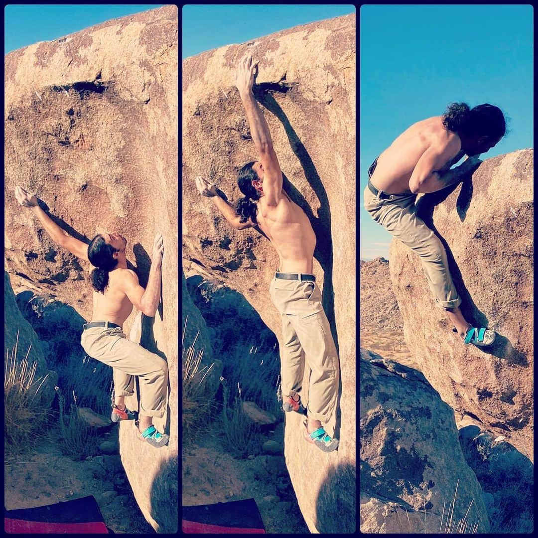 ウド・ノイマンさんのインスタグラム写真 - (ウド・ノイマンInstagram)「Don't leave footsteps - when what is now called sport climbing started in the seventies, it was often called „clean climbing“, since one of the underlying ideas was that you wouldn’t alter anything on a climb and after ascending, there would be no traces left of you climbing on it. You definitely wouldn’t move rocks at the bottom of a boulder problem for example. This spirit is still very alive in places like Joshua Tree. Case in point - when I waited for my turn to climb the beautiful boulder Embryo, the pictured climber kicked off the crucial hold for the left palm (you see it falling under his right foot) In another area it might have been glued back on, but in Joshua Tree, that’s a no-no. Emybryo now is a much more challenging problem, somebody might be still able to palm the spot where the hold was, or it will be done with done with a crazy all-out dyno (which of course will be really scary because of the rocks below) - the point is that accept nature as it is and don’t leave footsteps. This includes tick marks, that the pictured climber climber carefully brushed off after his ascent. I like that very much! #climbinghistory #freeclimbing #bouldering #dontleavefootsteps」12月25日 2時35分 - _udini_