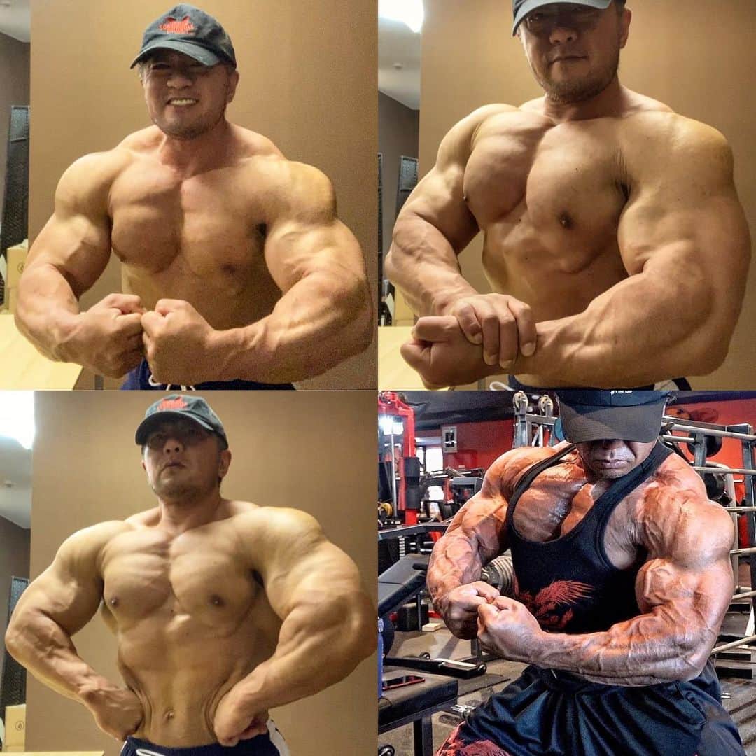 鈴木克彰さんのインスタグラム写真 鈴木克彰instagram バルクアップ中12月15日 95kg 右下の写真は約1年前 コンテスト直前86kg 来年3月までバルクアップをして夏頃目指して仕上げます 成長してるかなー 狙った部位の パフォーマンスとサイズアップの手応えは