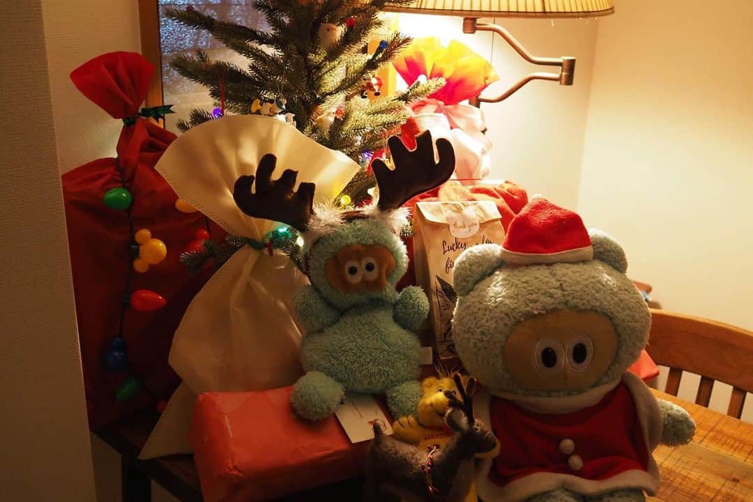maatamagosanのインスタグラム：「たぬきゅんサンタがプレゼントいっぱい持ってきてくれた🎁その中でもずーっとずーっと欲しかったドールバギー。何故か真顔でずっと押してた。夕方から家族でパーティー。初めて一緒にケーキ作ったら意外とちゃんとできてて驚きだったけど飾り付けの後半、大好きなブルーベリーもりもり食べ始めてしまって完成した時半分くらいになってた…😂」