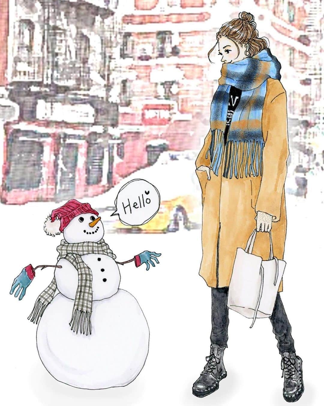 saekoのインスタグラム：「. 恋するスノーマン⛄️ #実はチャラ男 . @tnql_official さんのクリスマスキャンペーンプレゼント用で描かせていただいたイラストです。 当選された方のお手元に届いているのかなぁ☺️ ご応募いただいた皆さま、ありがとうございました♡ ちなみに、今季ゲットしたボリューミーなマフリャーもイラストに盛り込んでみました。 程よいアクセントになるのでとても重宝しています。 #jeanasis . . コメントのお返事、もう少しお待ちくださいませ〜🙇‍♀️ #tnql#キャンペーン#プレゼント#懸賞#プレゼント企画#インスタキャンペーン #イラスト#ファッションイラスト#イラストレーター#イラストグラム#illustgram#冬コーデ#カジュアルコーデ#大人カジュアル#シンプルコーデ#シンプル#ストール#チェック柄#レースアップブーツ#ハーフアップ#雪だるま#スノーマン#チャラ男#drawing#fashionsketch」