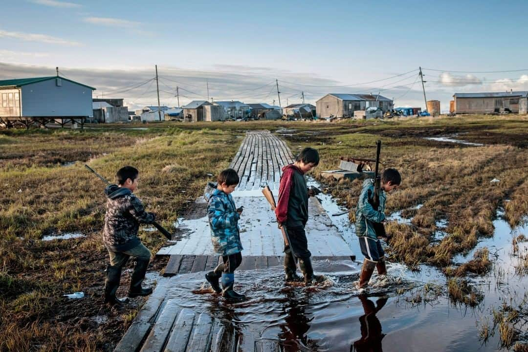 ナショナルジオグラフィックさんのインスタグラム写真 - (ナショナルジオグラフィックInstagram)「Photo by @katieorlinsky | After 20 years of melting permafrost, residents of Newtok, a Yup'ik village of about 380 people, are finally moving to a new village named Mertarvik. Learn more about this fascinating community in transition in the @natgeo story out now (link in my bio @katieorlinsky), written by @craigwelch.  On a summer bird hunt, four boys—from left, Kenyon Kassaiuli, Jonah Andy, Larry Charles, and Reese John—cross a flooded walkway. This is not the first time Newtok has had to relocate. In 1949 the Bureau for Indian Affairs (BIA) built schools in all Alaska native communities after decades of forcing children to leave home to attend boarding schools. The BIA chose the site that is now Newtok without input from the community. As early as 1994, the people of Newtok began planning to eventually relocate again due to erosion and flooding. The situation soon became urgent as a result of climate change and thawing permafrost. It has taken nearly 25 years for Newtok to finally receive the funding and support to complete the process. Still, moving is never easy. As a young writer from Newtok Martha Kasaiuli writes, "Our story is unfolding to a better ending, even if we don't want to leave this place."」12月26日 20時38分 - natgeo