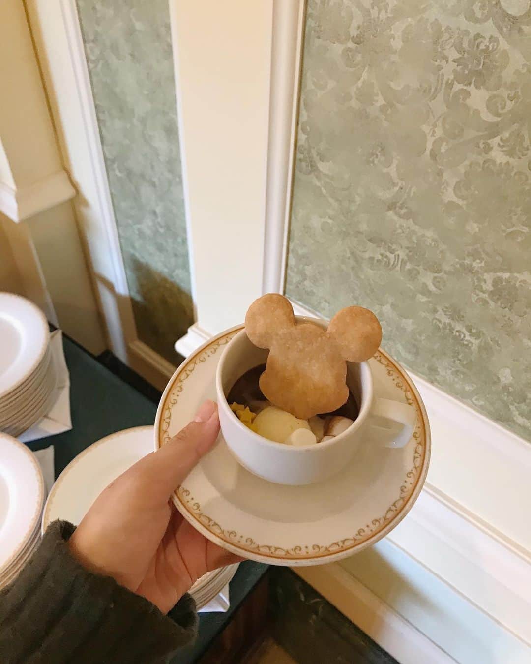 のインスタグラム：「一杯ずつ 淹れてもらえるショコラショー☕️ ミッキーのクッキーに、バニラアイス お好みで星のかたちのチョコとマシュマロ。 わたしはぜんぶ乗せ😋」