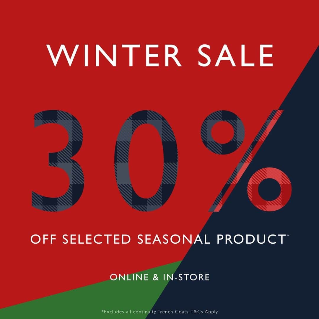 アクアスキュータムのインスタグラム：「Our Winter Sales continues. Take 30% off all seasonal product*  Online and Instore. *Excludes Continuity Trench Coats T&C’s Apply  #aquascutum」