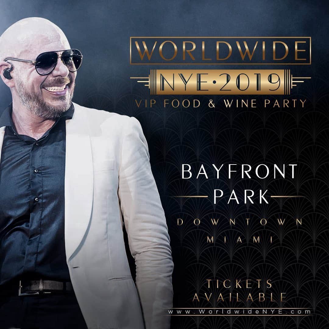ピットブルのインスタグラム：「Miami - Ring in 2020 at the #WorldwideNYE VIP Food & Wine Party at Bayfront Park! Tickets and info at link in bio.」
