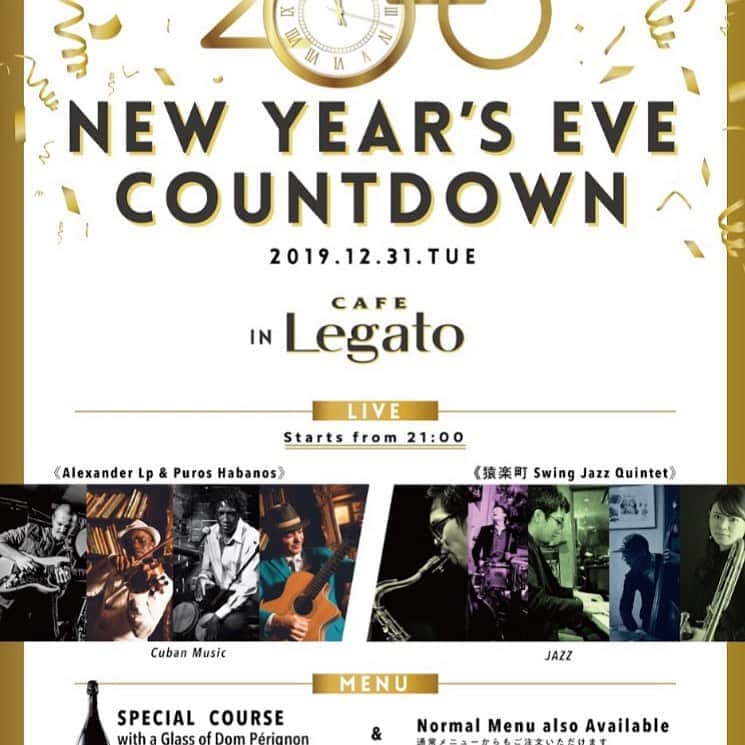 のインスタグラム：「Legato New Year Countdown  December 31, 2019 at 5:30 pm - January 1, 2020 at 2:00 am ex)  Special dinner couse ¥ 8,500 +tax, Please come to year-end Countdown event at Legato, a restaurant located in elevated spot in Shibuya with sweeping views! Have a romantic New Year’s Eve night with a beautiful night view from the windows and live performances of jazz and Cuban music! We offer the chef’s proud special dinner course limited on the New Year’s Eve alongside our regular à la carte menu. Dom Pérignon is also available at the special discount price. Let’s celebrate the first New Year’s Eve of Reiwa. Legato promises you that our New year’s Eve will be your great choice for the best night.  Name of the shop; Legato Address: Space tower 15F 3-6 E Maruyama-cho, Shibuya-ku, Tokyo Performers name: Alexander LP&Puros Habanos, Engaku-cho Jazz Quinted *Live performance will be started from 9pm *Floor seats in front of open kitchen are charge-free, but window-side seats both at floor and private room are with charge. Please ask the shop for more information. * We recommend an early reservation as our seats are limited.  Reservation：Legato 03-5784-2121 https://yoyaku.toreta.in/legato/」