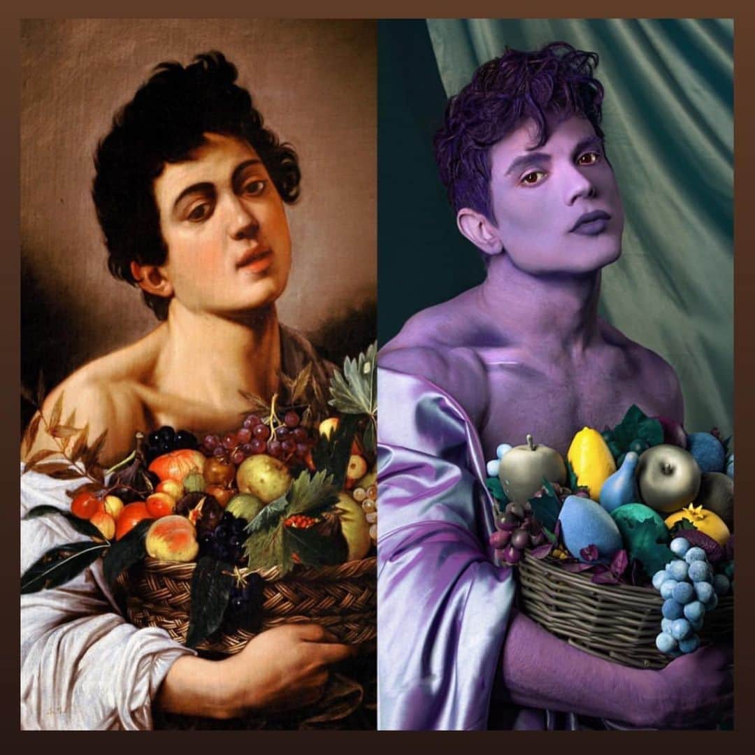 rob scheppyさんのインスタグラム写真 - (rob scheppyInstagram)「Our take on Caravaggio’s 1593 “Boy with basket of fruit”🍋 The intention was to recreate the oil painting on camera with a shift in color palette.  #MakeUpByMe #MakeupByRobScheppy  Model is @dakotapayneofficial  Art direction & Photo by @alvaromasa」12月27日 11時28分 - robscheppy