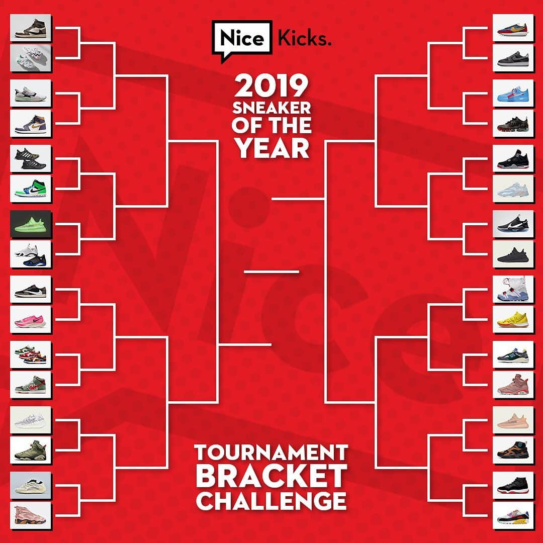 Nice Kicksさんのインスタグラム写真 - (Nice KicksInstagram)「LINK IN BIO // Round 1 of the 2019 Nice Kicks Sneaker of the Year Tournament Bracket Challenge is NOW LIVE.  What’s the 2019 Sneaker of the Year? This time around, WE WANT YOUR INPUT. Every morning for the next 5 days (starting December 27), we’re taking a tournament-bracket approach of narrowing down 32 of the best sneakers of 2019 to find out which sneaker truly holds the top spot, and we need your help. AND to make things interesting, there’s a prize in it ($500 worth of sneakers, no purchase necessary) for ONE LUCKY PERSON who can correctly predict the entire bracket. The way it’ll work is, every morning for the next 5 days from 8am EST to Noon EST, we’ll be taking entries via our Instagram Stories, where you’ll swipe up and make your picks for the day (you can submit as many entries as you want). After that entry window closes for the day, we’ll let you vote on each head-to-head matchup (16 matchups on Day 1, 8 matchups on Day 2, 4 quarter-final matchups on Day 3, 2 semi-final matchups on Day 4 and the Finals on Day 5) on via Polls on Instagram Stories. Anyone who makes it to the end with a perfect bracket will get a raffle entry, from which we’ll randomly choose a winner, and the winner will be contacted via email. LET’S GOOO!」12月28日 1時31分 - nicekicks