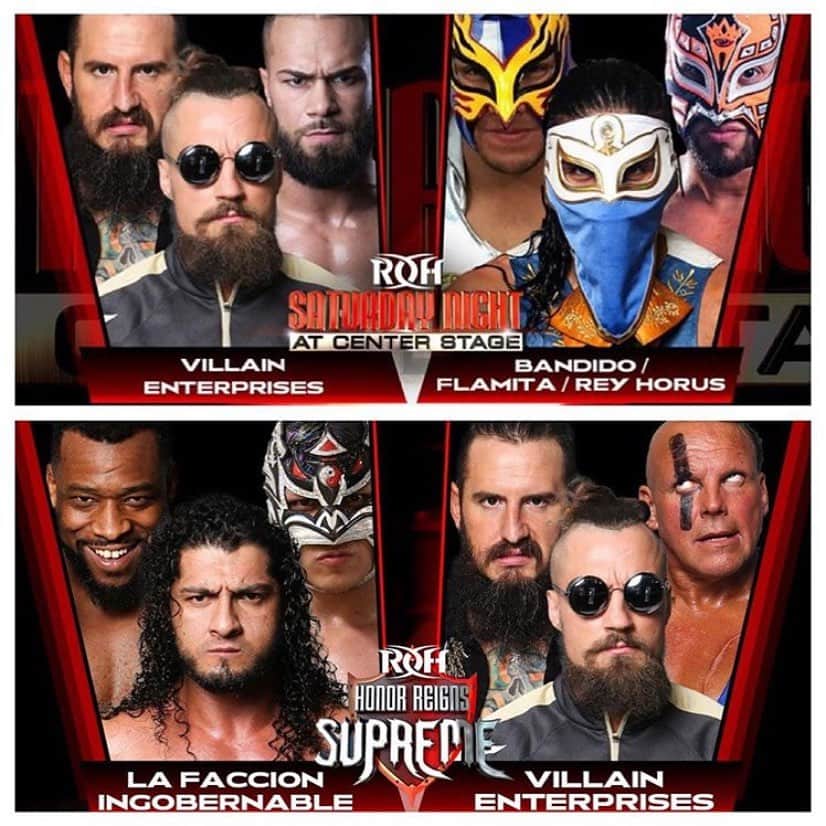 マーティ・スカルのインスタグラム：「6 man tag team action!  1/11 Atlanta, VE vs Bandido, Flamita & Rey Hours  1/12 Concorde, VE vs La Faccion Ingobernable  rohtickets.com  #villain ☔️」