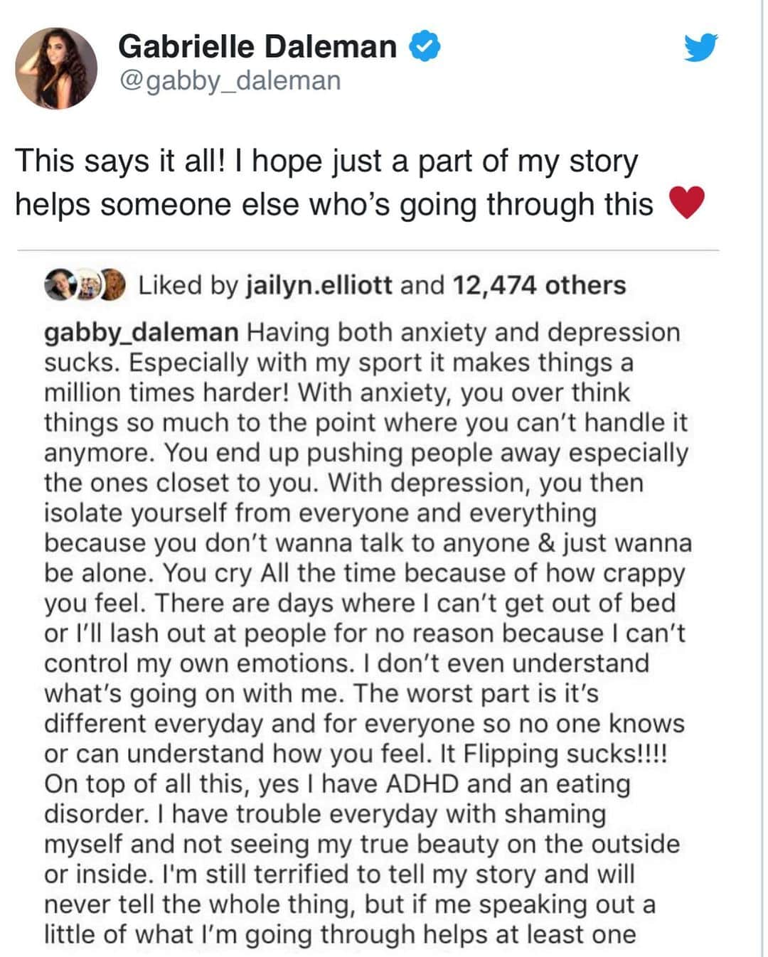 ガブリエル・デールマンさんのインスタグラム写真 - (ガブリエル・デールマンInstagram)「I chose to share my struggles and stories not to get sympathy but to help people who are or we’re going the the same or similar things! I told my parents I don’t care what people think anymore if my story can help even one person then I’m going to speak out and help people be an advocate, someone they can talk to or a voice!!! So please be kind cause you never know someone’s story!! I was watching one of my favourite people @garyvee and he said something that really hit me, I am a role model, an inspiration, hero, I’m someone hundreds of thousands of people look up to and I want to know from everyone. “What can I do for you guys to make this account better?” P.S tag @garyvee」12月28日 5時11分 - gabby_daleman