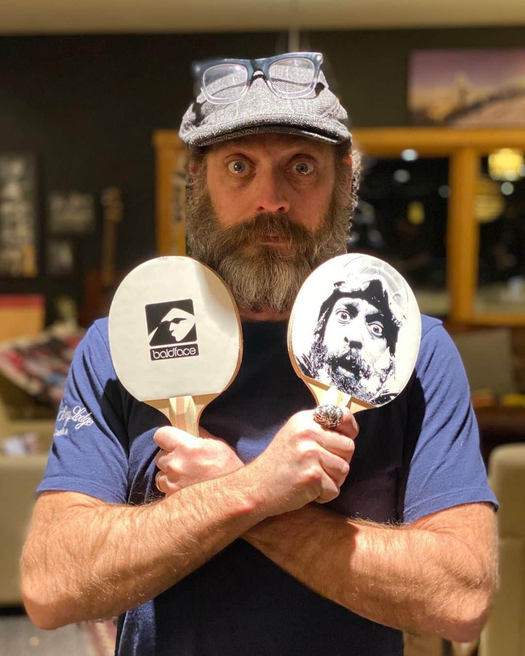 ケン・ブロックさんのインスタグラム写真 - (ケン・ブロックInstagram)「I brought a custom Christmas gift to Baldface Lodge founder, @baldisbeautiful: new ping pong paddles. Featuring the Baldface logo, along with his typical “I shredded such deeeeep pow today” face on the other side. Ha. Travis Rice and Jamie Lynn approve. #powderfiendface #pingpongaddicts #BaldfaceLodge #imstillchamp」12月29日 1時15分 - kblock43