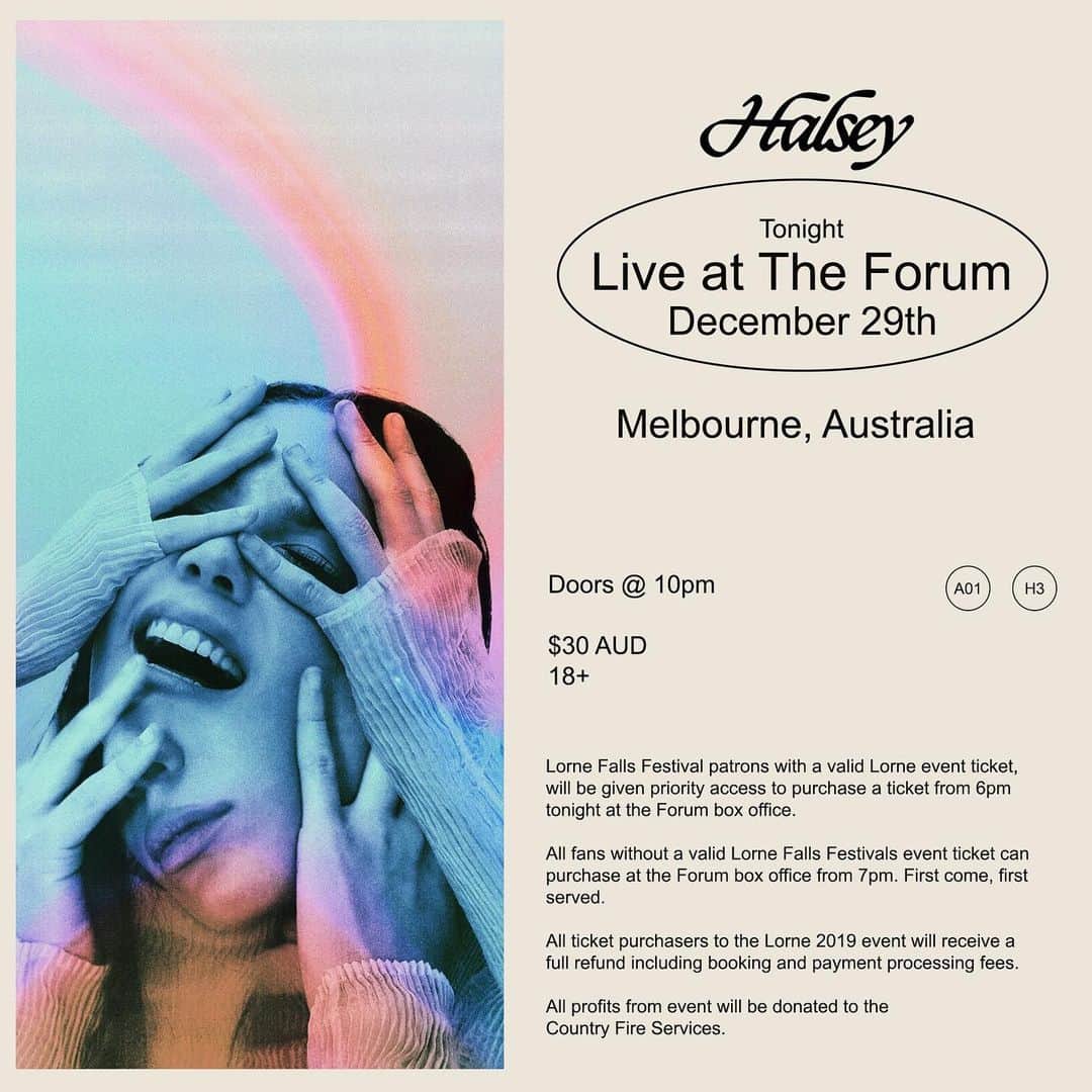 Halseyのインスタグラム：「Because of the Lorne Falls Festival cancellation, TONIGHT i’m playing a good old fashioned dirty show in MELBOURNE! i told you i’d come thru. LORNE falls ticket holders get PRIORITY access to the box office tonight, but anyone can come. all profits are going to fire relief. DRIVE ON UP AND LETS DO THIS!」
