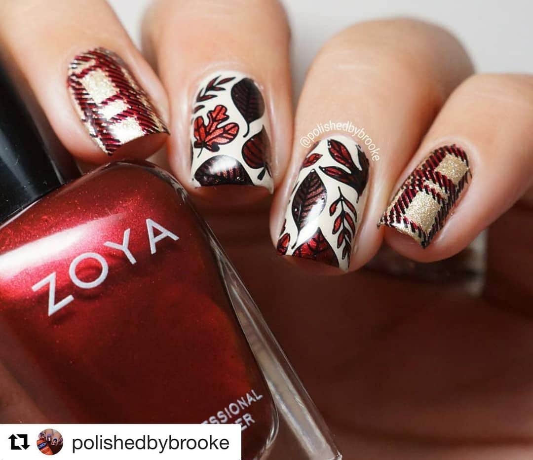 Nail Designsさんのインスタグラム写真 - (Nail DesignsInstagram)「Credit: @polishedbybrooke ・・・ Combining two prompts today! Plaid and Leaves for #glamnailschallengesept. • • • • Products used: @opi Love.Angel.Music.Baby, My Vampire is Buff, and Espresso Your Style @zoyanailpolish Channing and Colbie @hellomaniology Merlot @heheplate hehe-028 @uberchicbeauty Lovely Leaves」12月29日 14時17分 - nailartfeature
